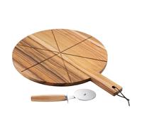Alex Nash Acacia Wood Pizza Board with Cutter Set - 12” Round Pizza Cutting Board Serving Tray with Paddle Handle, Stainless Steel Cutter and 6 Slicing Grooves for Kitchen - 44 x 31.5 x 1.5cm