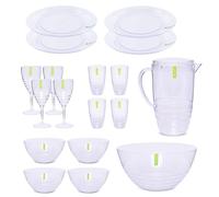 Alex Nash Clear Plastic Picnic Set - Reusable Dinner Set with 4 Dinner Plates, 4 Bowls, 4 Tumblers, 4 Wine Glasses, Serving Bowl & Jug for Camping, BBQs & Outdoor Dining - FULL SET