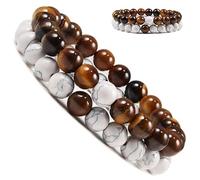Alex & Sisters Juego de pulseras para Parejas a distancia - cuentas Blanco y Piedra de ojo de tigre - Pulseras de yoga para hombres y mujeres Joyería de cuerda elástica…, stone beads