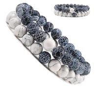 Alex & Sisters Juego de pulseras para Parejas a distancia - cuentas Blanco y Piedra de ojo de tigre - Pulseras de yoga para hombres y mujeres Joyería de cuerda elástica…, stone beads