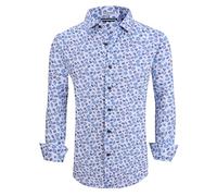 Alex Vando Mens Button Down Shirts Wrinkle Free 4-Way Stretch Print Business Casual Shirt, White Leaf, 3XL
