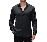 Alex Vando Mens Luxury Satin Dress Shirt Long Sleeve Silk Shiny Sateen Party Shirt, Black, XL
