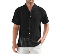 Alex Vando Mens Summer Shirts See Through Sheer Lace Casual Short Sleeve Button Down Beach Shirt, 135 Black, XL