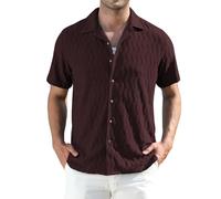 Alex Vando Mens Summer Shirts See Through Sheer Lace Casual Short Sleeve Button Down Beach Shirt, Burgundy, XXL