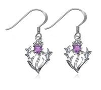 Alexander Castle 925 Sterling Silver Scottish Thistle Real Amethyst Earrings 12mm x 10mm Drop Earrings with Jewellery Gift Box - Scottish Gifts for Women Girls Teens