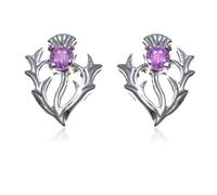Alexander Castle 925 Sterling Silver Scottish Thistle Real Amethyst Earrings 12mm x 10mm Stud Earrings with Jewellery Gift Box - Scottish Gifts for Women Girls Teens