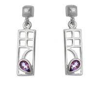 Alexander Castle Charles Rennie Mackintosh Amethyst 925 Sterling Silver Earrings for Women - Drop Earrings with Jewellery Gift Box - 18mm x 7mm