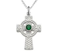 Alexander Castle Solid 925 Sterling Silver & Green CZ Celtic Cross Pendant Necklace for Women with 18" Silver Chain & Jewellery Gift Box - 32mm x 20mm