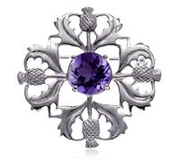 Alexander Castle Women's 925 Sterling Silver Scottish Thistle Brooch Pin with Real Amethyst Stone & Jewellery Gift Box - Scottish Gift for Women