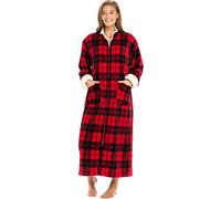Alexander Del Rossa Long Zip Up Robes, Plush Zipper Robes for Plus Size, Housecoats Zipper Front, Red Black Plaid With Cream, Large