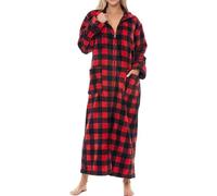 Alexander Del Rossa Long Zip Up Robes, Plush Zipper Robes for Plus Size, Housecoats Zipper Front, Red Black Buffalo Check Plaid, Large