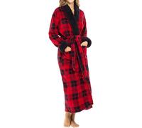 Alexander Del Rossa Plush Robe for Women, Long Fleece Winter Bath Robe, Plus Size, Red Black Plaid With Black, S