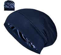 ALEXANDER PRODUCTS Satin Lined Sleep Cap Adjustable Bonnet Slouchy Beanie Slap Hat for Natural Curly Girls and Frizzy Hair Cap for Women - Blue - L