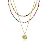 ALEXCRAFT Set of 3 Colorful Layered Pendant Necklace Y2k Style Round Gold Coin Pendant Necklace Colorful Letter Beaded Choker Necklaces for Women Girls