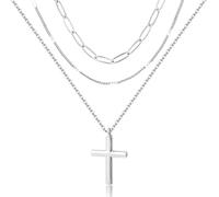 ALEXCRAFT Silver Cross Necklace Women Layered Long Silver Chain Choker Crucifix With Zircon Stones Chains