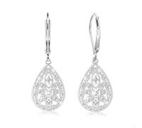 ALEXCRAFT Silver Earrings for Women 925 Post Hypoallergenic Teardrop Earrings with Zirconia Elegant Filigree Dangle Leverback Earring for Women