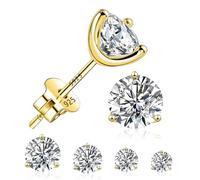 ALEXCRAFT Sterling Silver Cubic Zirconia Gold Stud Earrings Set, Brilliant Cut Simulated Diamond CZ Studs Earrings for Women Hypoallergenic Jewelry Gifts (4 Pairs)