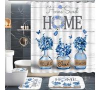 ALEXEX 4 PCS Blue Hydrangea Shower Curtain Sets,Home Sweet Bathroom Set with Shower Curtain and Rugs and Accessories,Farmhouse Country Shower Curtain Bathroom Decor with 12 Hooks,72 X 72 Inches