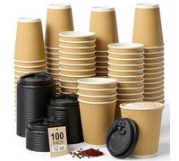 ALEXPRE 100 Pack Disposable Takeaway Coffee Cups with Lids,12oz Paper Cups with Lids,Brown Kraft Ripple Walled Cups for Takeaway Hot&Cold Drinks,Travel, Party, and Office Use