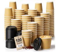 ALEXPRE 100 Pack Disposable Takeaway Coffee Cups with Lids,4oz Paper Cups with Lids,Brown Kraft Ripple Walled Cups for Takeaway Hot&Cold Drinks,Travel, Party, and Office Use