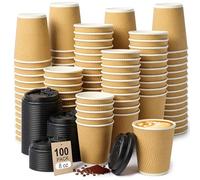 ALEXPRE 100 Pack Disposable Takeaway Coffee Cups with Lids,8oz Paper Cups with Lids,Brown Kraft Ripple Walled Cups for Takeaway Hot&Cold Drinks,Travel, Party, and Office Use
