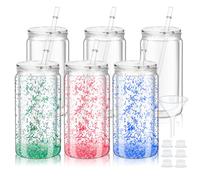 ALEXPRE 16oz Plastic Snow Globe Tumbler,6 Pack Pre-Drilled Double Wall Tumblers with Clear Lid and Straw,Snow Globe Cups Plastic Mason Jar Mug for Snow Globe Glitter DIY Gift (Clear Lid)