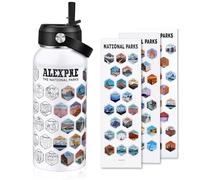 ALEXPRE 63 National Parks Water Bottle with Water Proof Stickers, 32 oz Leak Proof Insulated Stainless Steel Water Bottle with Straw, National Park Gifts for Hiking, Camping&Travel（White）