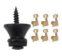 ALFAAL 2 X Guitar Bass Strap Button Screw Lock Pins Pegs Pads Black 6x Guitar Tuning Pegs 6L Tuners Machine Heads Knobs