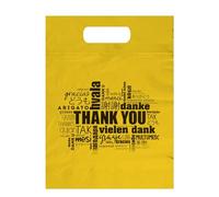 ALFAEX Die Cut “Thank you” in multiple languages plastic bags. Strong and reusable for small businesses and gift items. (Golden yellow, Medium (12" x 15" x 1.5" - 100 Pack))