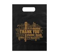 AlfaEx Pack of 40 Die Cut Thank you bags in various languages. Strong and reusable for small businesses and gift items. (Black, Small (9" x 12" x 1.5" gusset))