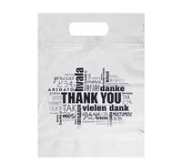 AlfaEx Pack of 40 Die Cut Thank you bags in various languages. Strong and reusable for small businesses and gift items. (White, Small (9" x 12" x 1.5" gusset))