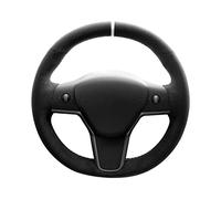 Alfanxi Hand Stitch Sewing Italy Alcantara Car Steering Wheel Cover Wrap for Tesla Model 3/Tesla Model Y (Black Alcantara+White Stripe)