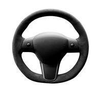 Alfanxi Hand Stitch Sewing Italy Alcantara Car Steering Wheel Cover Wrap for Tesla Model 3/Tesla Model Y (Black Alcantara+No Stripes)