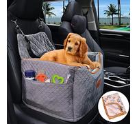 AlfaTok Memory Foam Booster Dog Car Seat with Washable Removable Cover, Elevated Pet Car Seat, Anti-Slip Sturdy Booster Seats for Small Dogs 35lbs, Seat Belt, Storage Pocket, Dog Blankets