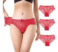 ALFIANO Womens Pack of 3/5 Ultra Thin High Waist Lace Panties,Brazilian Knickers, A-red-3pcs, L