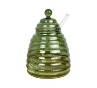 Alfie Francis 14cm Tall Green Glass Honey Pot with Clear Glass Drizzler/Dipper Decorative Kitchen Storage Jar Holder Serving Dish