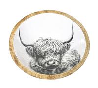 Alfie Francis 23.5cm (Dia) x 9cm (H) Mango Wood Decorative Bowl with a White and Grey Enamel Inner Highland Cow Design