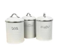 Alfie Francis 800ml Tea Coffee Sugar Canisters Set Vintage Style Ribbed Grey Finish with Removable Airtight Seal Lids