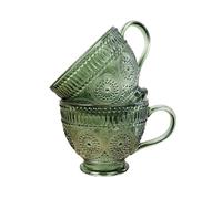 Alfie Francis Set of 2 Green 'Vintage Style' Floral Pattern Pressed Glass Mugs for Hot Drinks Tea Coffee Cappuccino Lattes Hot Chocolate