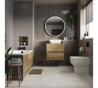 Alford Steel Straight Single Ended Bathroom Suite including Matt Black Flush Plate Back to Wall Toilet and Vanity Unit | Autumn Oak | ABS | 1600mm