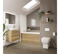 Alford Steel Straight Single Ended Bathroom Suite including Matt White Flush Plate Back to Wall Toilet and Vanity Unit | Autumn Oak | ABS | 1400mm