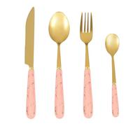ALFORZAN 24-Piece Dining Set Mirror Polished 6 Knives, 6 Forks, 6 Spoons, 6 Teaspoons with Ceramic Handles and Stand Pink Gold