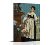 Alfred Stevens' An Aspiring Connoisseur - 19th Century Realism Wall Decor Featuring A Housemaid with Duster And Broom in Elegant Room Canvas Wall Art Picture Prints Hanging Photo Gift Idea Decor Homes