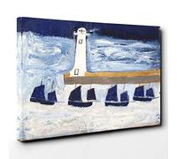 Alfred Wallis Four Luggars and a Lighthouse Canvas Print | Gallery Wrapped 30mm Frame Wall Art | 30x20 inches | Ready to Hang | Modern Seascape Picture | Living Room Bedroom Lounge Office
