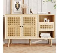 ALFRESCOOL Rattan Credenza - 1 Drawer, 2 Magnetic Doors, Solid Wood Legs, Adjustable Shelves, Black Metal Handle, Stylish Oak Finish - Modern Storage Solution for Living Room & Dining Room