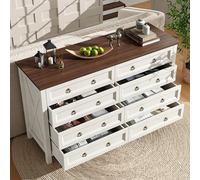 ALFRESCOOL Vintage White Dresser with Aluminum Handles, Walnut Top, 8 Spacious Drawers for Bedroom & Living Room - Retro Storage Solution, Stylish Home Furniture