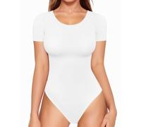 ALGALAROUND Bodysuits for Women Round Neck Short Sleeve Body Suits for Ladies Bodysuit Leotard T Shirts Tops for going out White