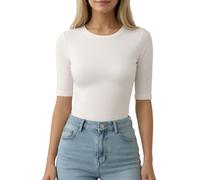 ALGALAROUND Crew Neck Tops for Women Half Sleeve Shirts 1/2 Elbow Sleeve Basic Tee Slim Fit Casual Summer Going Out T-Shirt Creamy White L