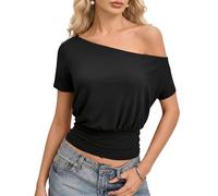 ALGALAROUND Off The Shoulder Tops for Women Asymmetric Neck Short Sleeve Shirts Y2K Tee Slim Fit Casual Summer Going Out T-Shirt 2026 Black M