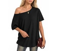 ALGALAROUND Oversize Tops for Women Off The Shoulder Oversized Short Sleeve Tshirts Tops Sexy Women Summer Plus Size Shirts Ribbed Going Out Tops Black S